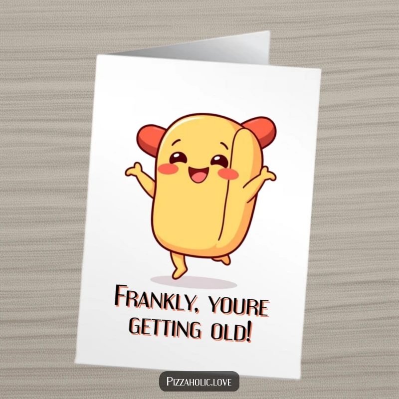 Funny Free Printable Birthday Card: A smiling hot dog in a bun happily dancing a joyful jig, ready to party.