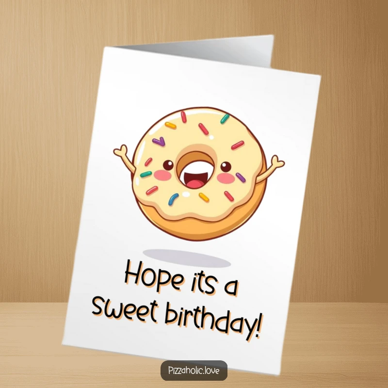 Funny Free Printable Birthday Card of a cheerful donut with sprinkles, bouncing energetically with happiness.