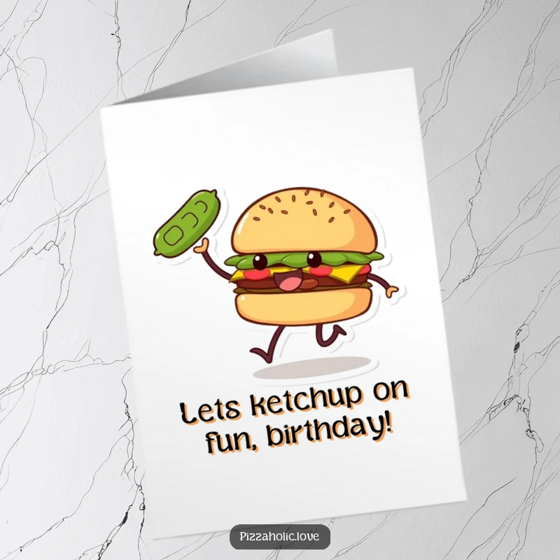 Funny Free Printable Birthday Card: A smiling burger with small legs joyfully skips, playfully tossing a pickle.