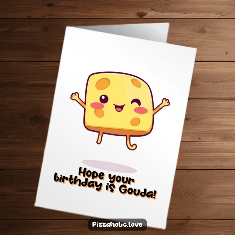 Funny Free Printable birthday card featuring a bubbly cartoon cheese wedge with legs doing a silly jump.