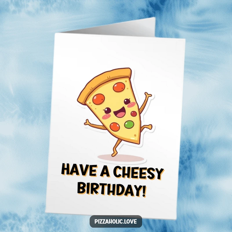 Funny Free Printable Birthday Card of a smiling pizza slice with tiny legs performing an energetic cartwheel.