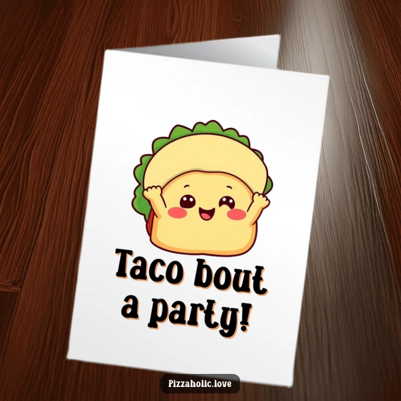 Funny Free Printable Birthday Card of a happy taco with a beaming face and little arms enthusiastically waving.