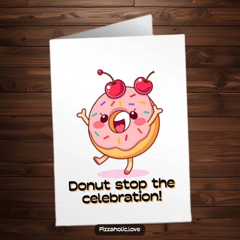 Funny Free Printable Birthday Card: A delighted donut with sprinkles gleefully dancing and tossing a cherry, exuding pure joy.