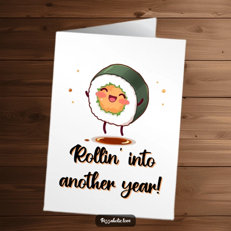 Funny Free Printable Birthday Card: Sushi roll with legs cartwheeling joyfully, scattering soy sauce, a comically delightful scene.