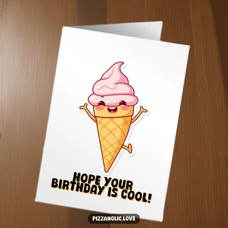 Funny Free Printable Birthday Card with a cheerful ice cream cone grinning and doing a cartwheel, full of energy.