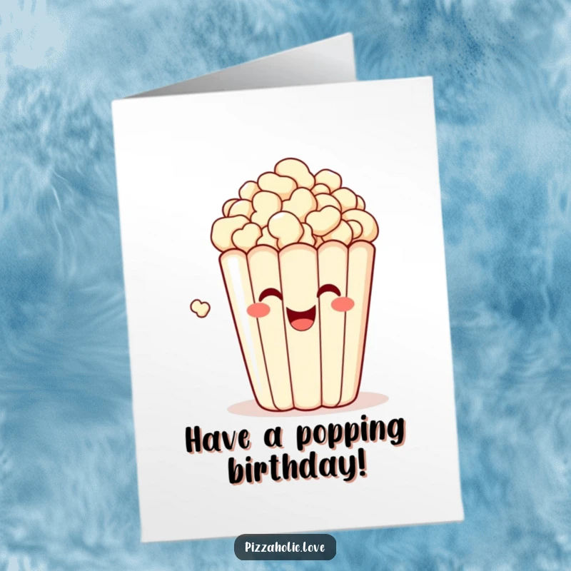 Funny Free Printable Birthday Card with a bubbly, happy bag of popcorn grinning and popping with delight, full of joy.