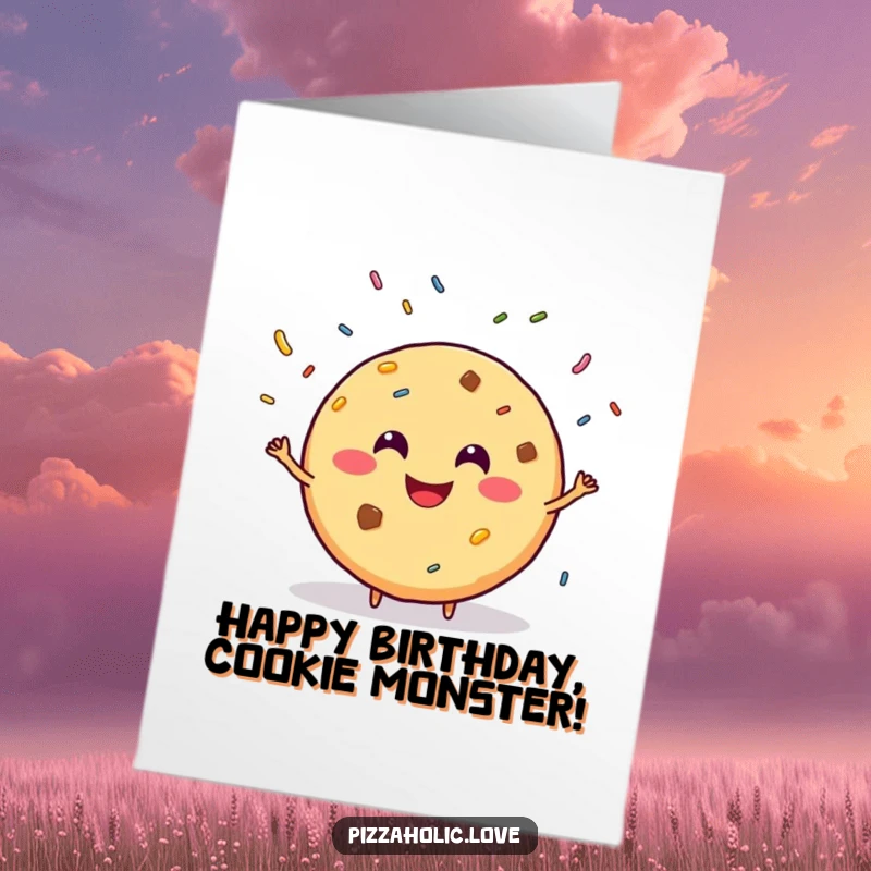 Funny Free Printable Birthday Card with a smiling, round cookie grinning and juggling sprinkles, adding playful charm.