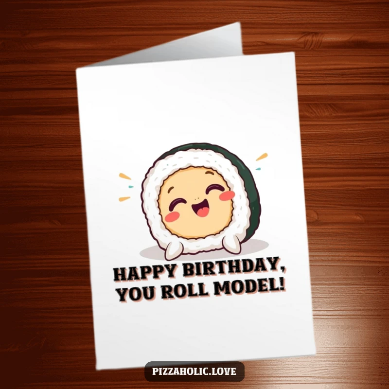Funny Free Printable birthday card showing a smiling sushi piece mid-pratfall with a goofy expression.