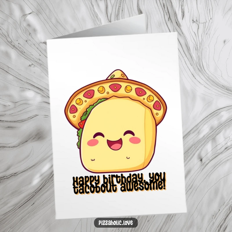 Funny Free Printable birthday card featuring a grinning kawaii taco wearing a sombrero made of cheese.