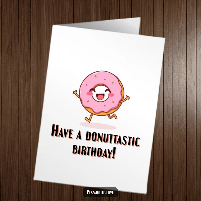 Funny Free Printable Birthday Card with a bubbly, happy donut grinning and hopping merrily, bringing sweet joy.