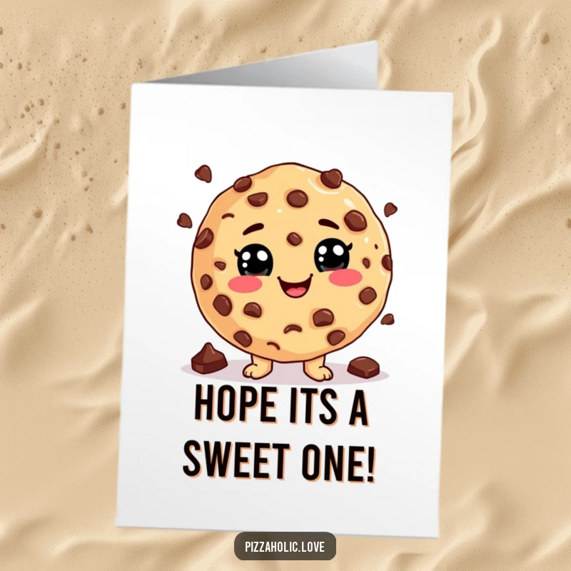 Funny Free Printable Birthday Card of a smiling cookie juggling chocolate chips with a big cheesy grin.