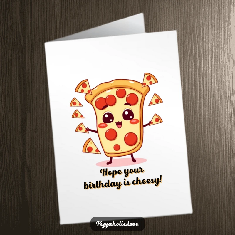 Funny Free Printable birthday card with a pepperoni pizza slice juggling smaller pizzas with cartoon eyes.