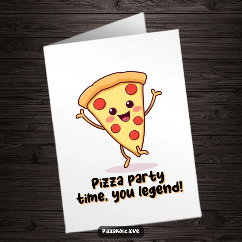 Funny Free Printable birthday card featuring a smiling pizza slice with wiggly legs gleefully dancing.