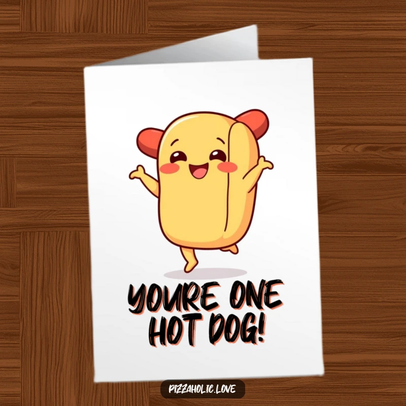Funny Free Printable Congratulations Card: A cheerful hot dog in a bun doing a happy jig, spreading celebratory vibes.