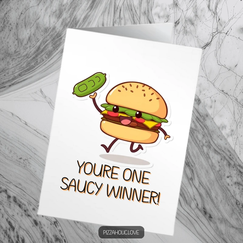 Funny Free Printable Congrats Card: A smiling burger with tiny legs is joyfully skipping and tossing a pickle in celebration.