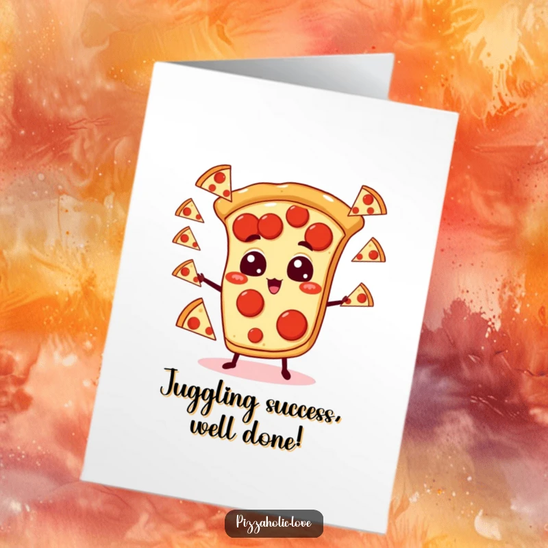 Funny Free Printable congratulations card featuring a pepperoni pizza slice juggling others with cartoon eyes.