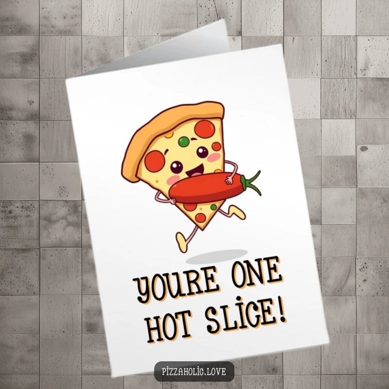 Funny Free Printable Congrats Card: A pizza slice with tiny feet runs excitedly, clutching a giant pepperoni in celebration.