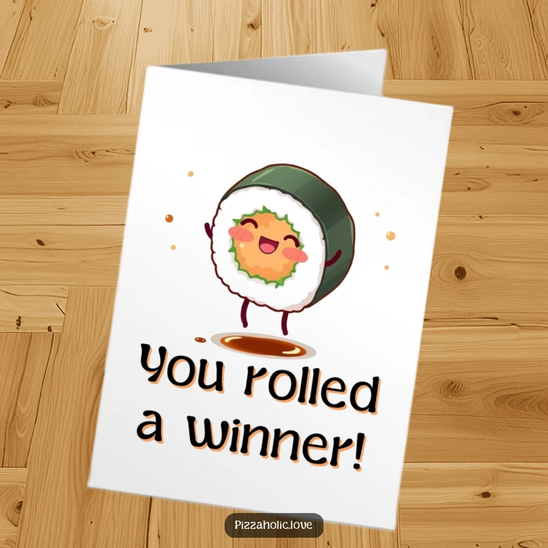 Funny Free Printable Congrats Card: A sushi roll with tiny legs performing a celebratory cartwheel, scattering soy sauce with glee.