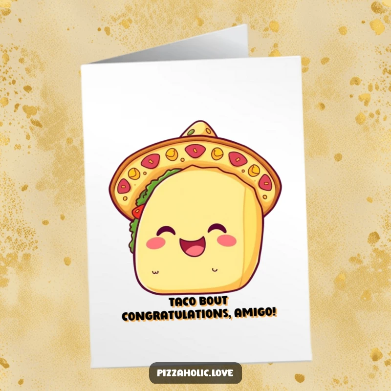 Funny Free Printable congratulations card with a smiling kawaii taco wearing a cheese sombrero.