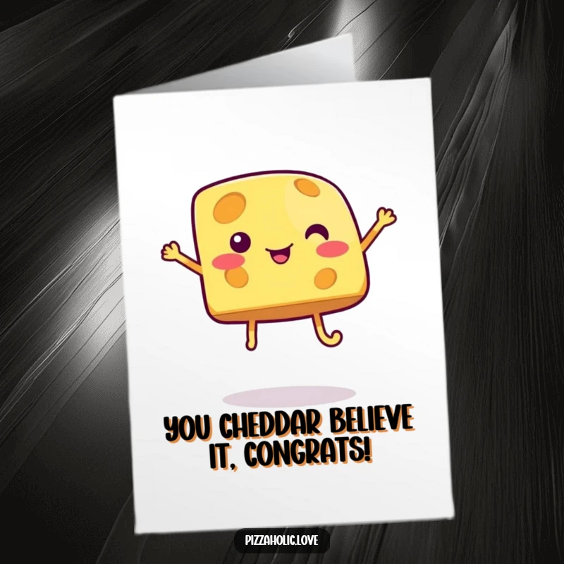 Funny Free Printable congratulations card of a cartoon cheese wedge with legs doing a happy jump.