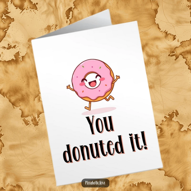 Funny Free Printable Congratulations Card showing a bubbly, happy donut grinning and hopping joyfully, celebrating success.