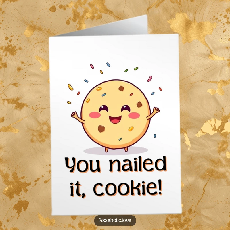 Funny Free Printable Congratulations Card showing a smiling, round cookie grinning and juggling sprinkles, celebrating achievement.
