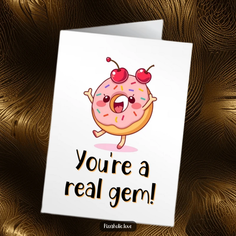Funny Free Printable Congrats Card: A happy donut covered in sprinkles dancing merrily and tossing a cherry in celebration.