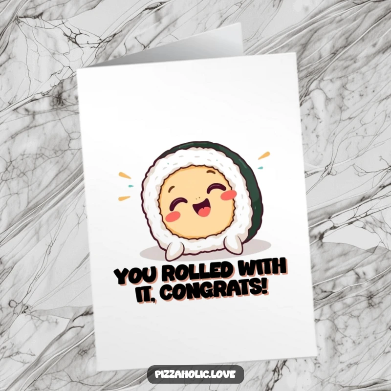 Funny Free Printable congratulations card featuring a smiling sushi piece tumbling in a comical pratfall.
