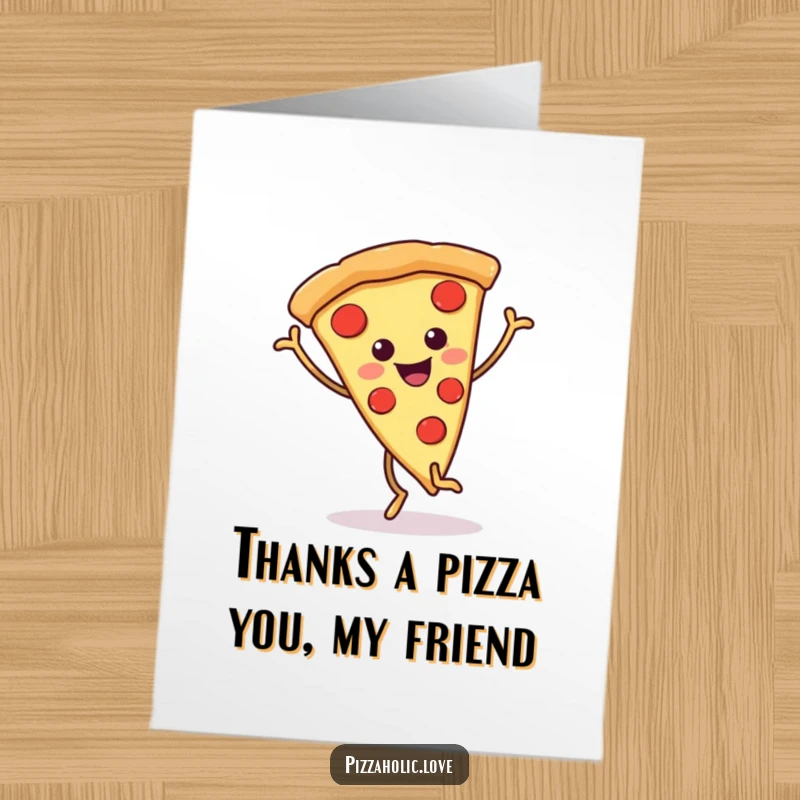 Funny Free Printable thank you card featuring a smiling pizza slice with wiggly legs dancing happily.