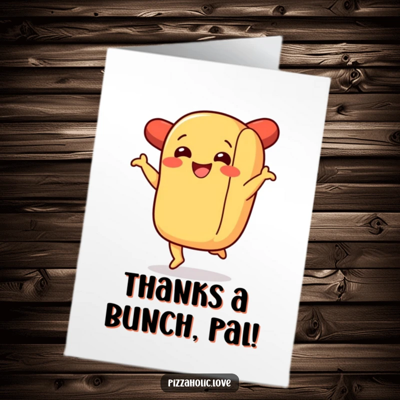 Funny Free Printable Thank You Card: A smiling hot dog in a bun performing a delightful jig to express thanks.