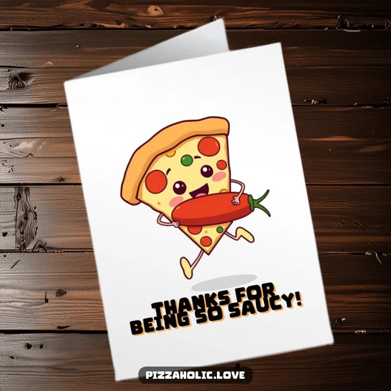 Funny Free Printable Thank You Card: A pizza slice with tiny legs excitedly runs, holding a giant pepperoni as thanks.