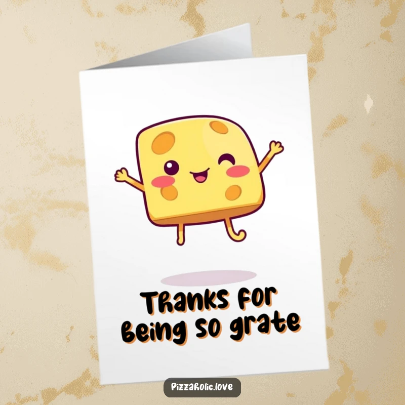 Funny Free Printable thank you card featuring a bubbly cheese wedge with legs doing a silly jump.
