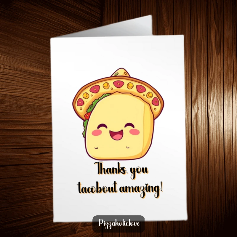Funny Free Printable thank you card of a grinning kawaii taco wearing a festive cheese sombrero.