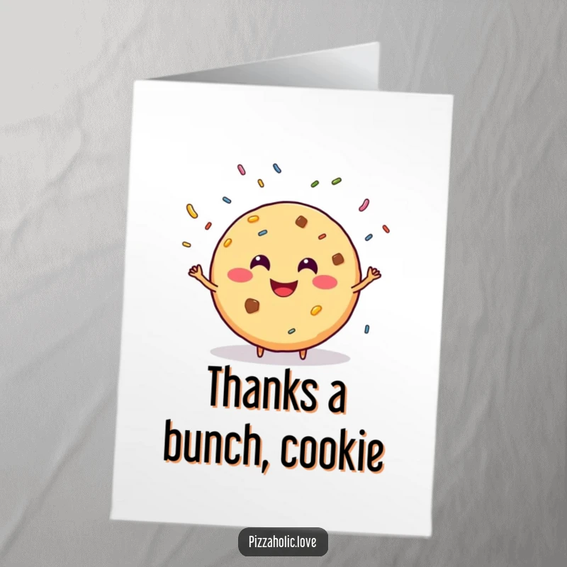 Funny Free Printable Thank You Card with a smiling, round cookie grinning and juggling sprinkles, expressing thanks playfully.