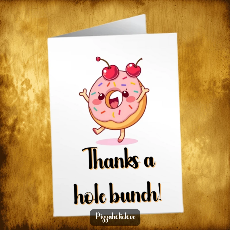 Funny Free Printable Thank You Card: A cheerful donut with sprinkles dancing joyfully, tossing a cherry to express sincere thanks.