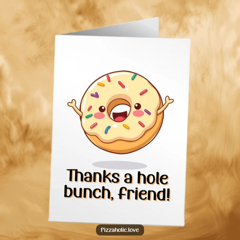 Funny Free Printable Thank You Card of a cheerful donut with sprinkles, bouncing with joy to say thanks.