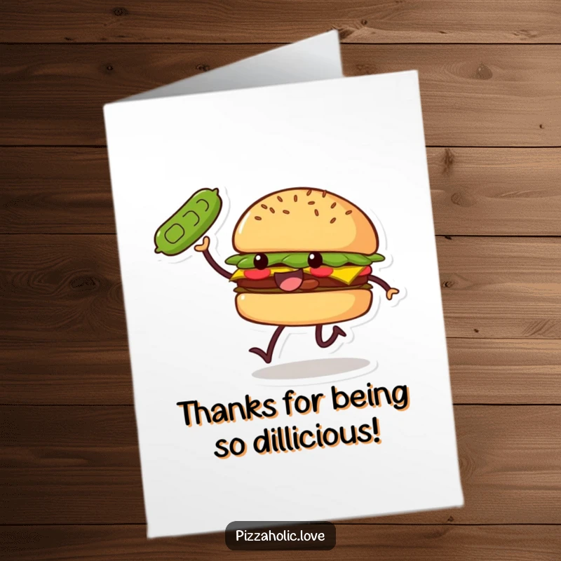 Funny Free Printable Thank You Card: A smiling burger with small legs does a joyful skip, tossing a pickle as thanks.