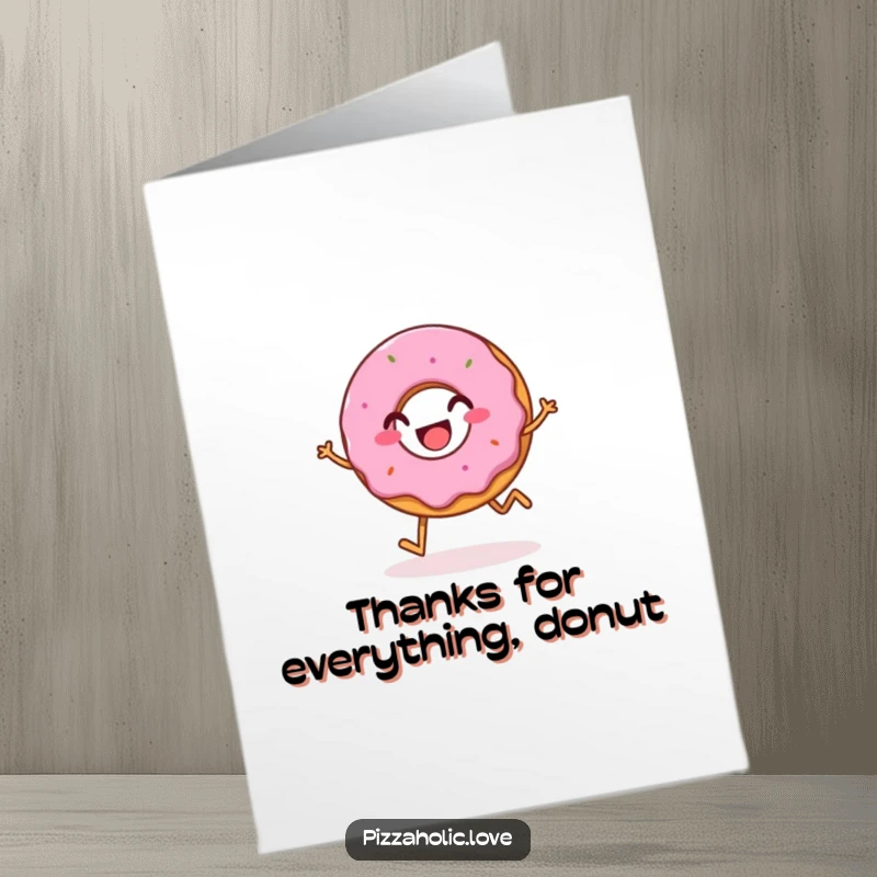 Funny Free Printable Thank You Card with a bubbly, happy donut grinning and hopping, expressing thanks sweetly.