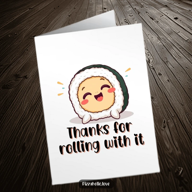 Funny Free Printable thank you card of a smiling sushi piece in a hilarious pratfall.
