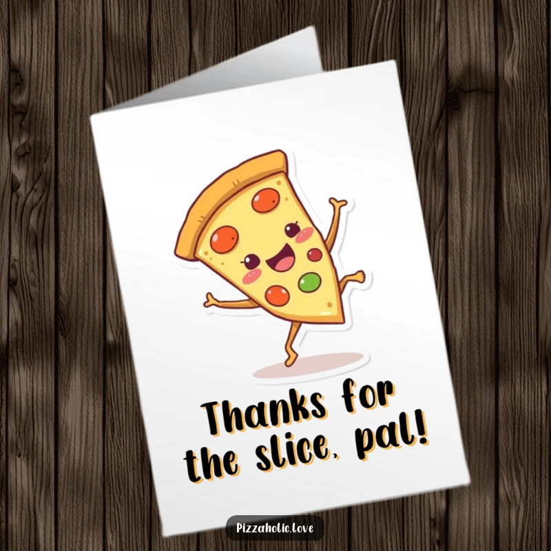 Funny Free Printable Thank You Card of a smiling pizza slice doing a cartwheel, perfect for showing thanks.