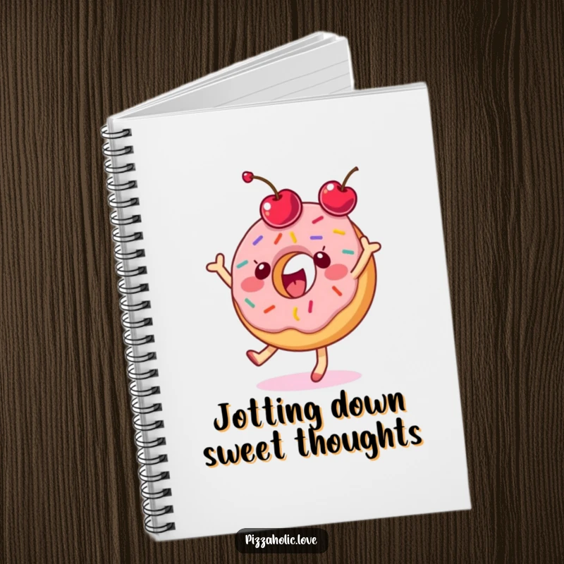 Funny donut notebook featuring a delighted character with sprinkles dancing and tossing a cherry.