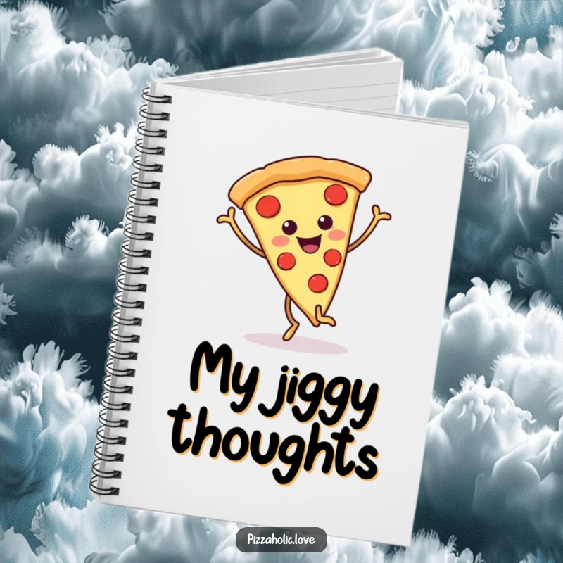 Funny pizza notebook with a cheerful pizza slice on wiggly legs doing a happy dance, inspiring creativity and joy on every page.