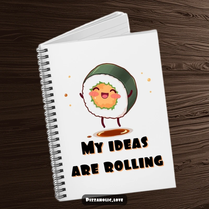 Funny sushi roll notebook featuring a happy character with tiny legs doing a cartwheel, scattering soy sauce.