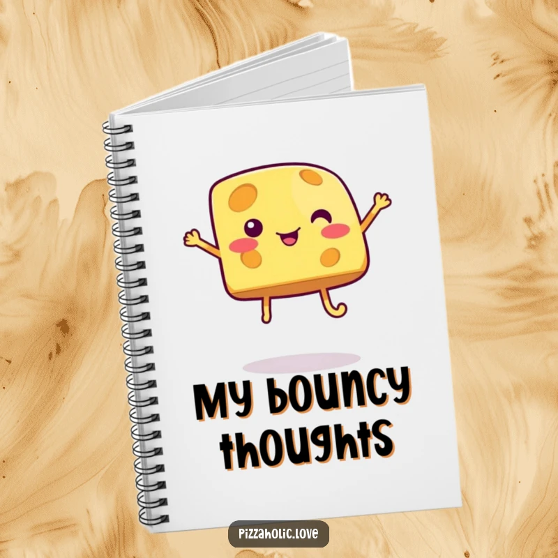 Funny cheese notebook featuring a bubbly cartoon cheese piece with legs jumping, inspiring cheerful note-taking and doodles.