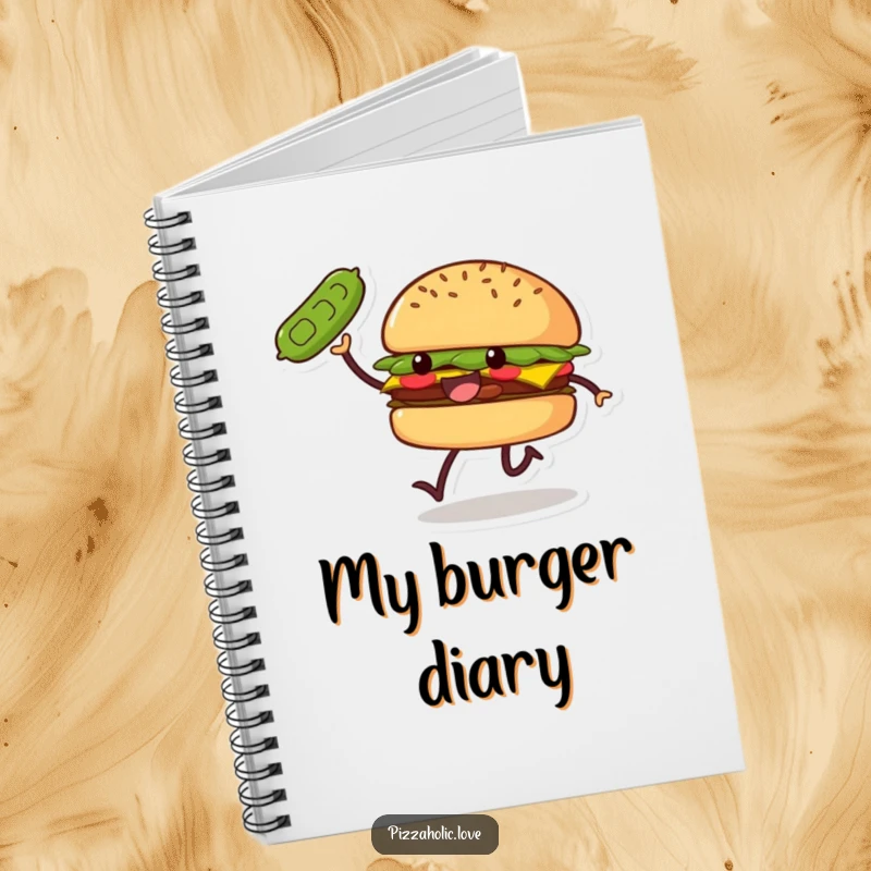 Funny Burger Skip Notebook: a smiling burger with small legs doing a joyful skip, tossing a pickle, ready for writing.