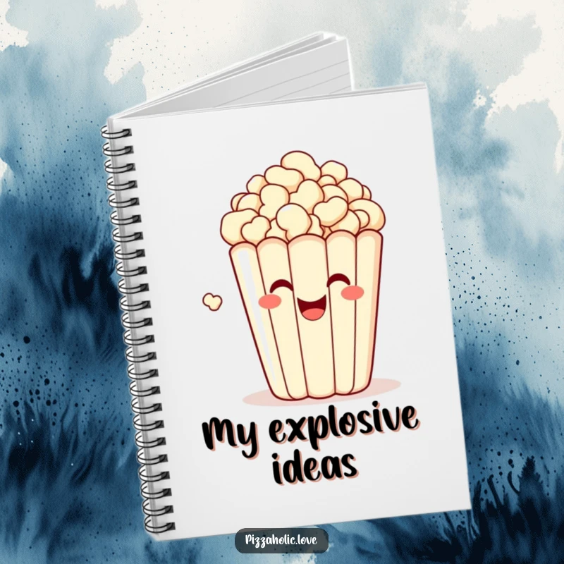 Funny notebook featuring a bubbly, happy bag of popcorn with a grin, popping with delight, perfect for capturing snack ideas.