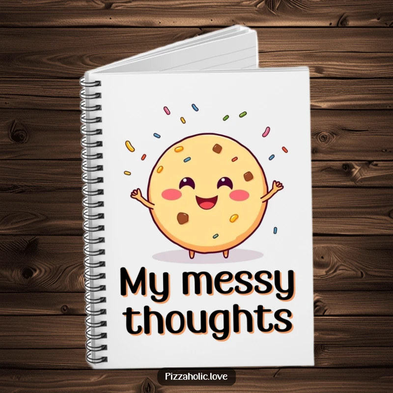 Funny notebook featuring a smiling, round cookie with a grin, juggling sprinkles, perfect for capturing sweet thoughts.
