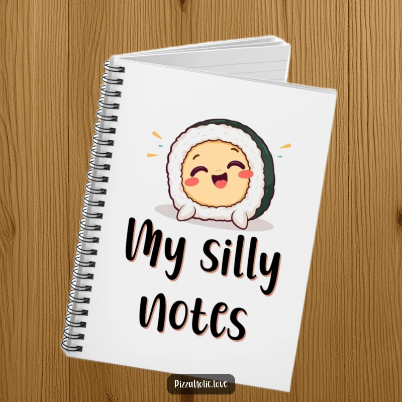 Funny sushi notebook featuring a smiling sushi piece in a comical pratfall, inspiring cheerful note-taking and doodles.