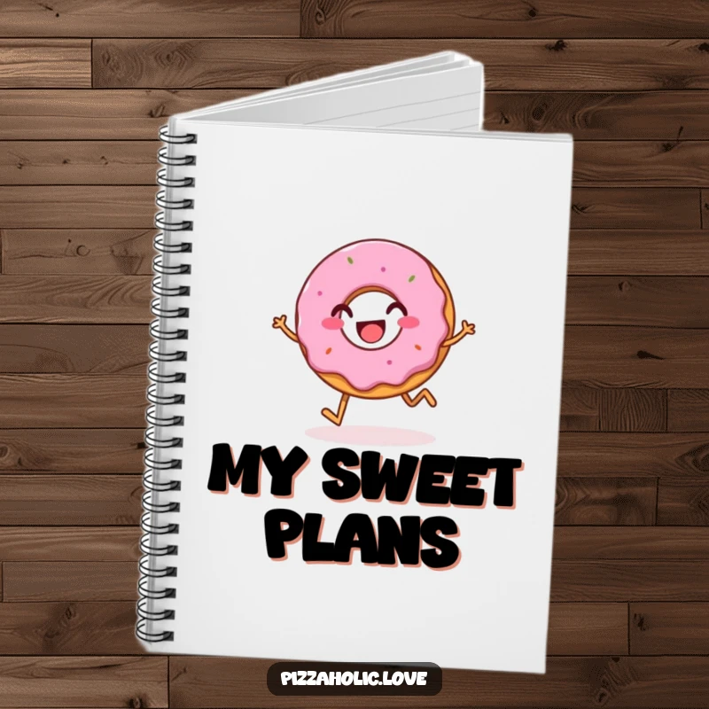 Funny notebook featuring a bubbly, happy donut with a grin, hopping merrily, perfect for jotting down sweet ideas.