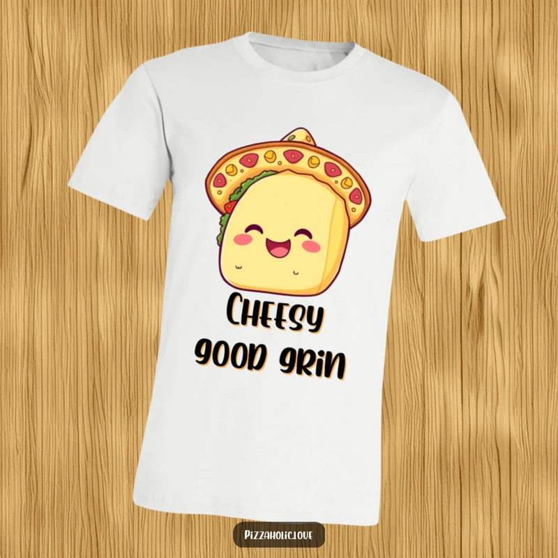 Funny kawaii taco t-shirt showcasing a grinning taco wearing a sombrero crafted from delicious, melty cheese, ready for a party.